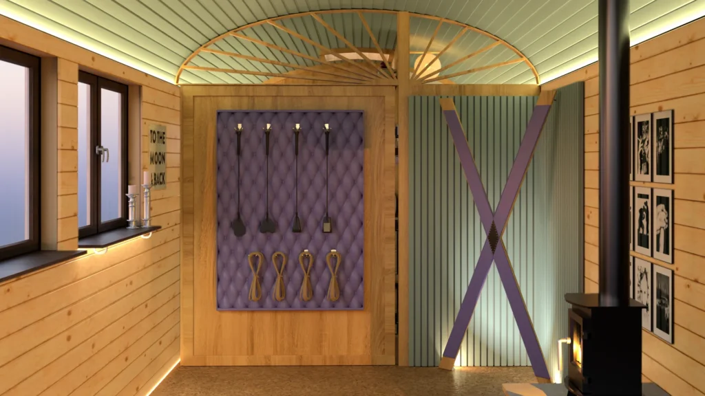BDSM Zirkuswagen Spielzimmer gestalten: violette Equipment-Wand, Andreaskreuz und Holzofen im warm beleuchteten Wageninneren
